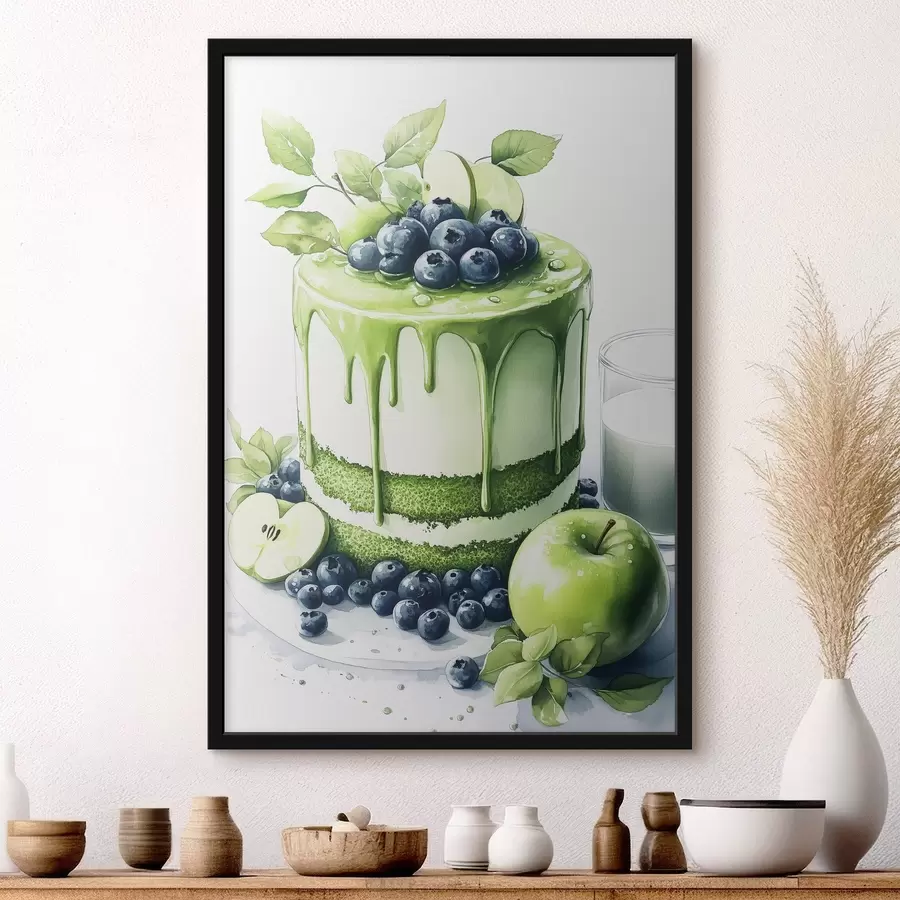 murales de pared Tarta de matcha con arándanos y manzanas, estilo acuarela f44304