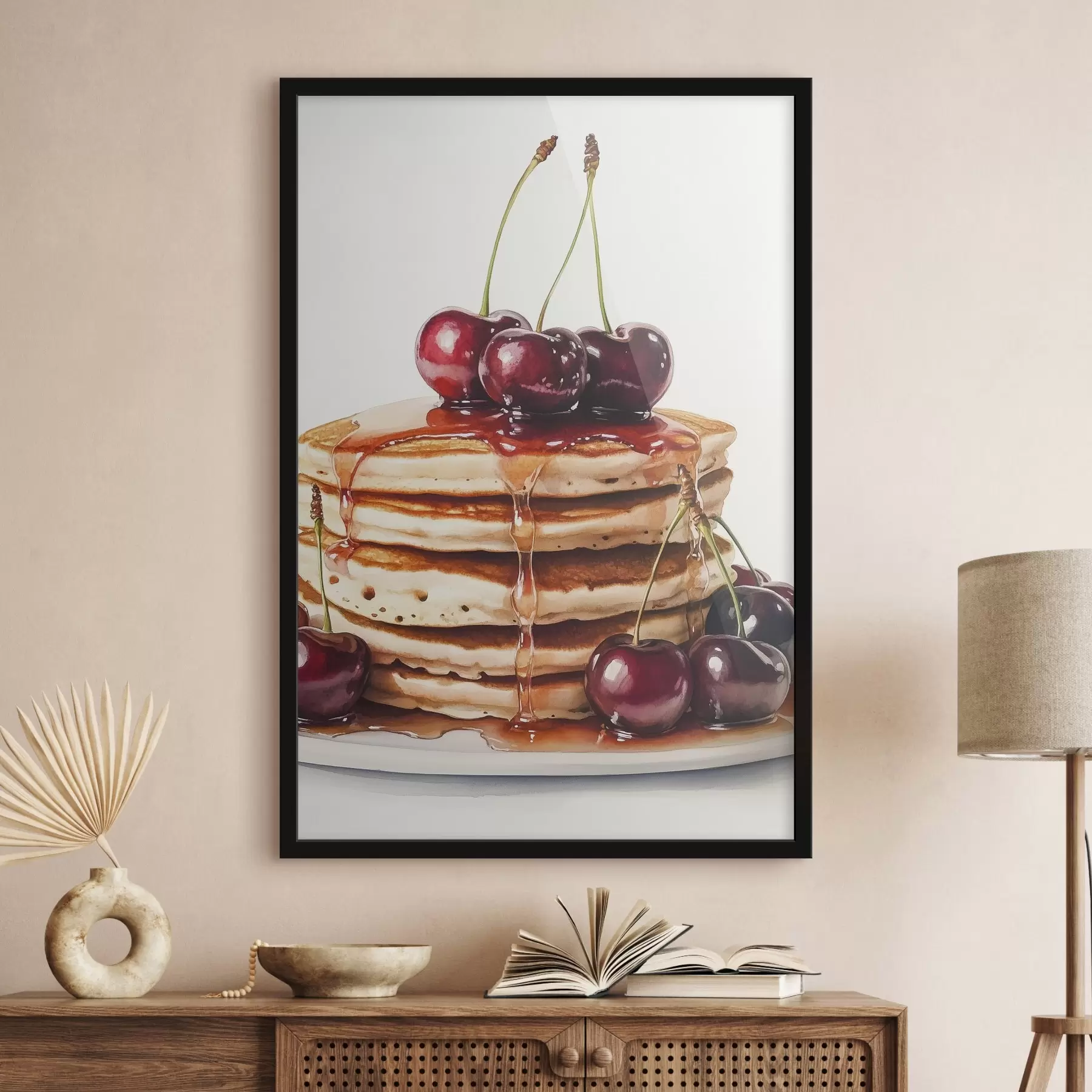 murales de pared Deliciosas tortitas con cerezas y sirope, estilo acuarela f44305