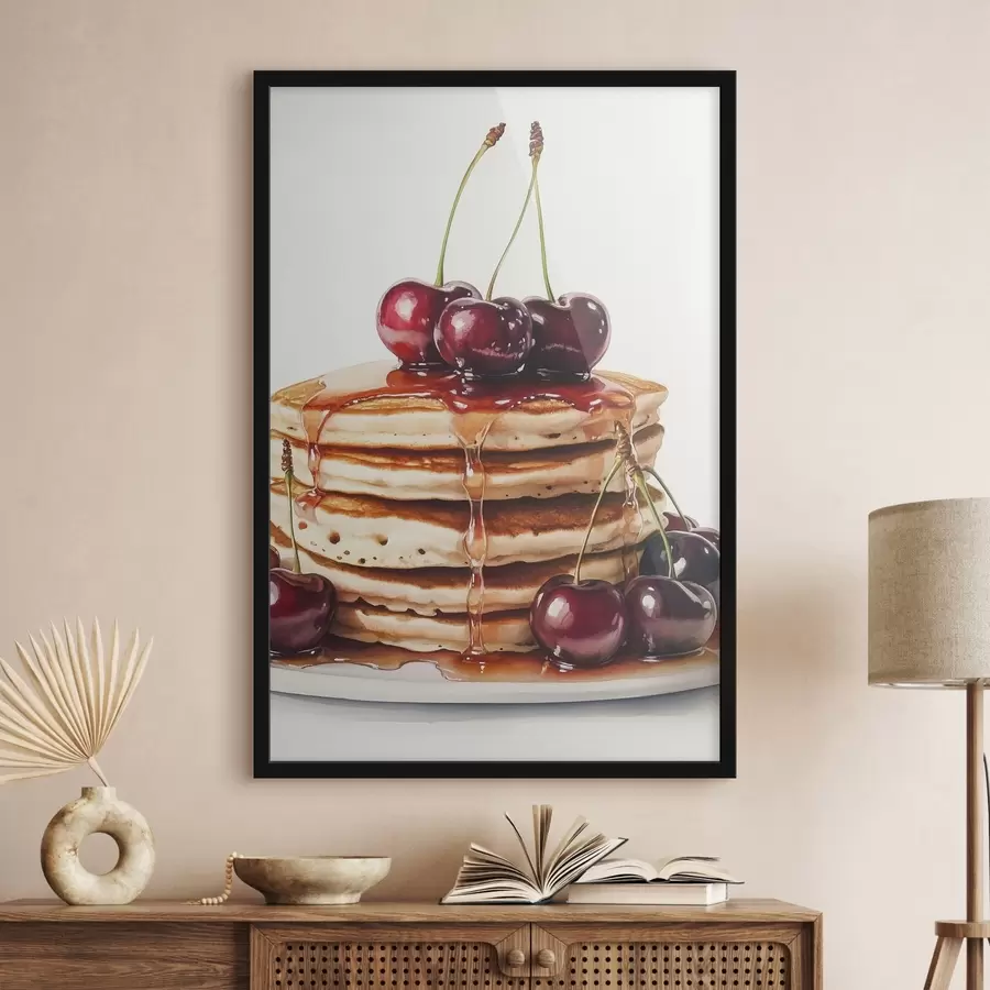murales de pared Deliciosas tortitas con cerezas y sirope, estilo acuarela f44305