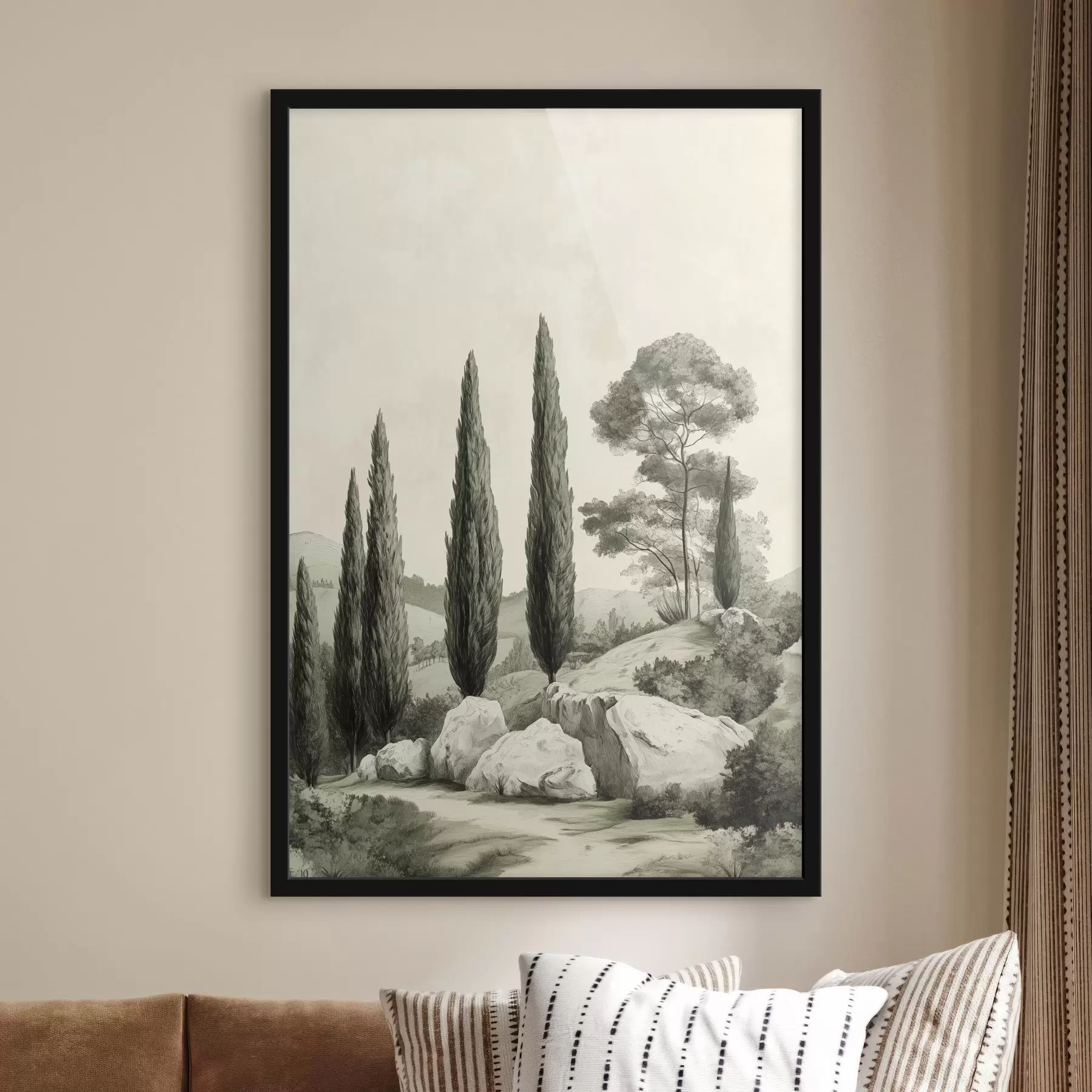 murales de pared Paisajes de la Toscana, colores pastel, cipreses, rocas, estilo rústico f44307