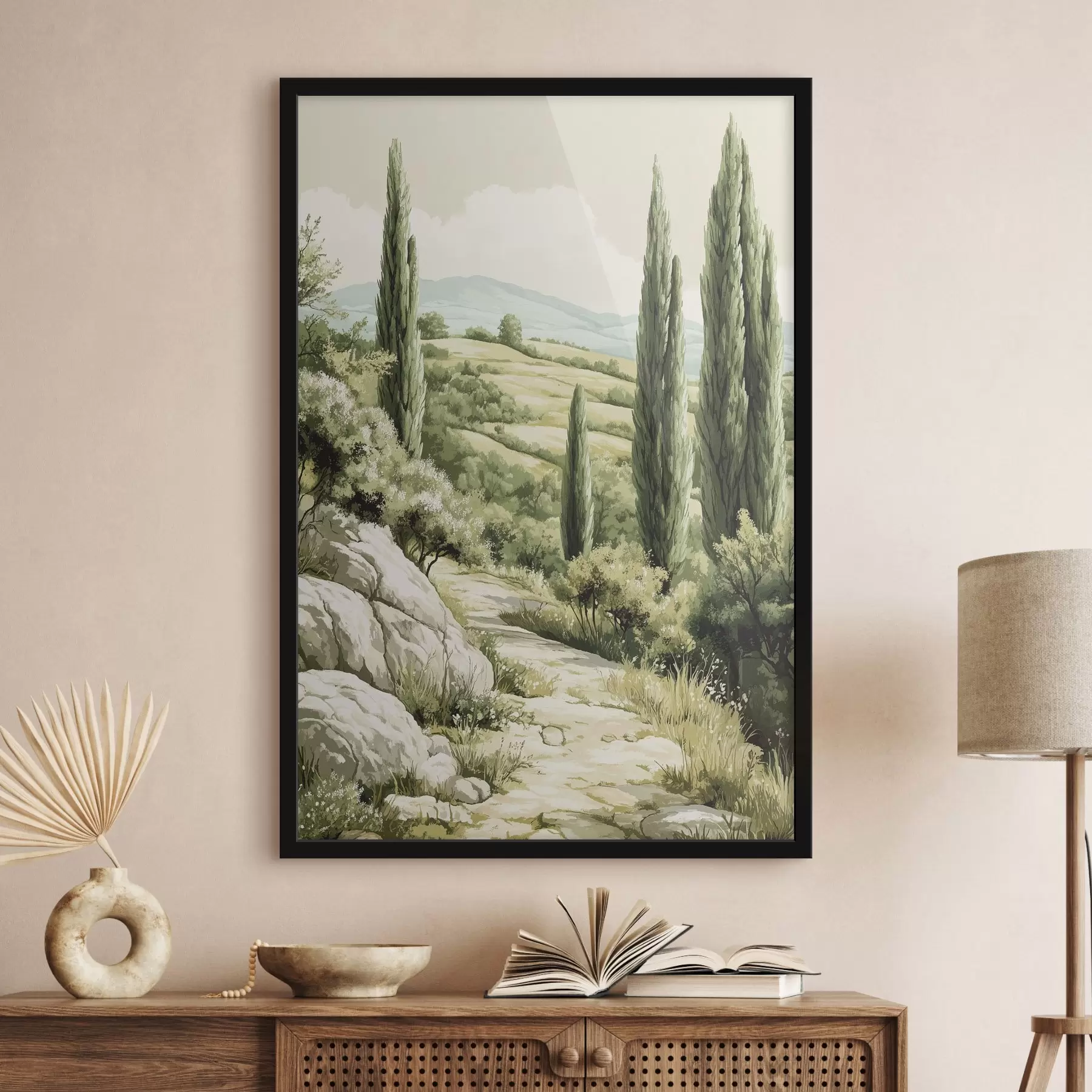 murales de pared Paisajes de verano con cipreses y verdes colinas, estilo rústico f44308