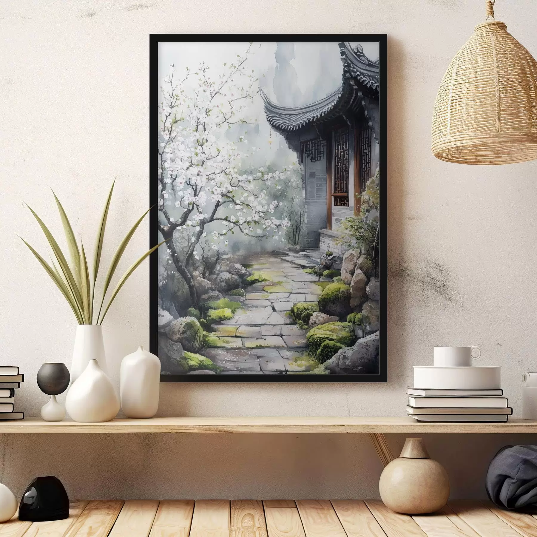 murales de pared Jardín japonés con cerezo y casa, estilo oriental, acuarela f44309