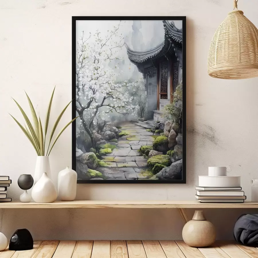 murales de pared Jardín japonés con cerezo y casa, estilo oriental, acuarela f44309