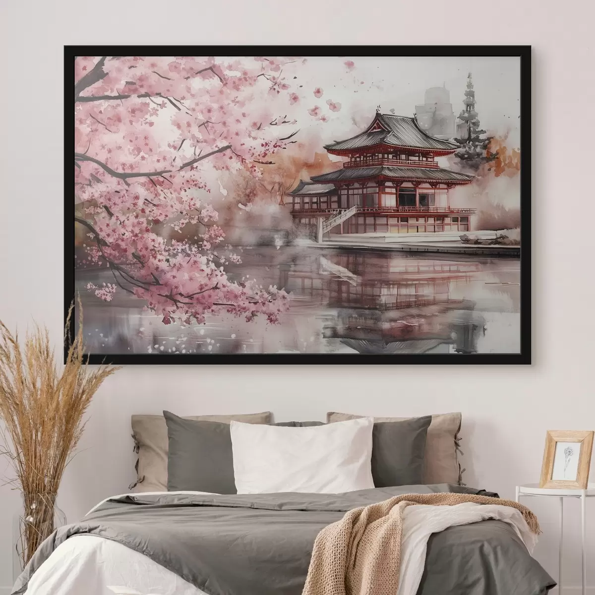 Poster Hermoso paisaje japonés con cerezo en flor y casa en el lago f44310