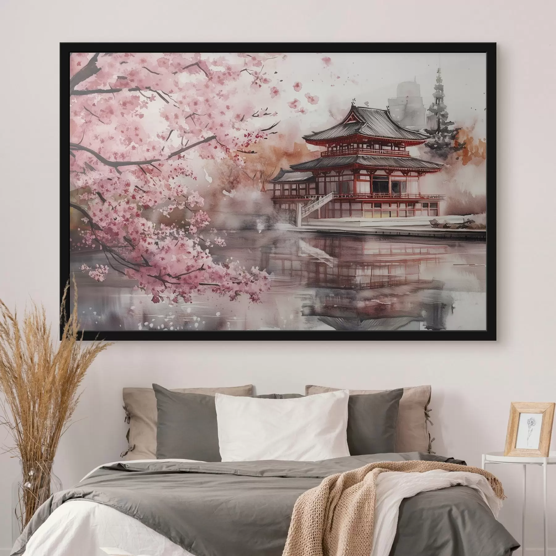 murales de pared Hermoso paisaje japonés con cerezo en flor y casa en el lago f44310