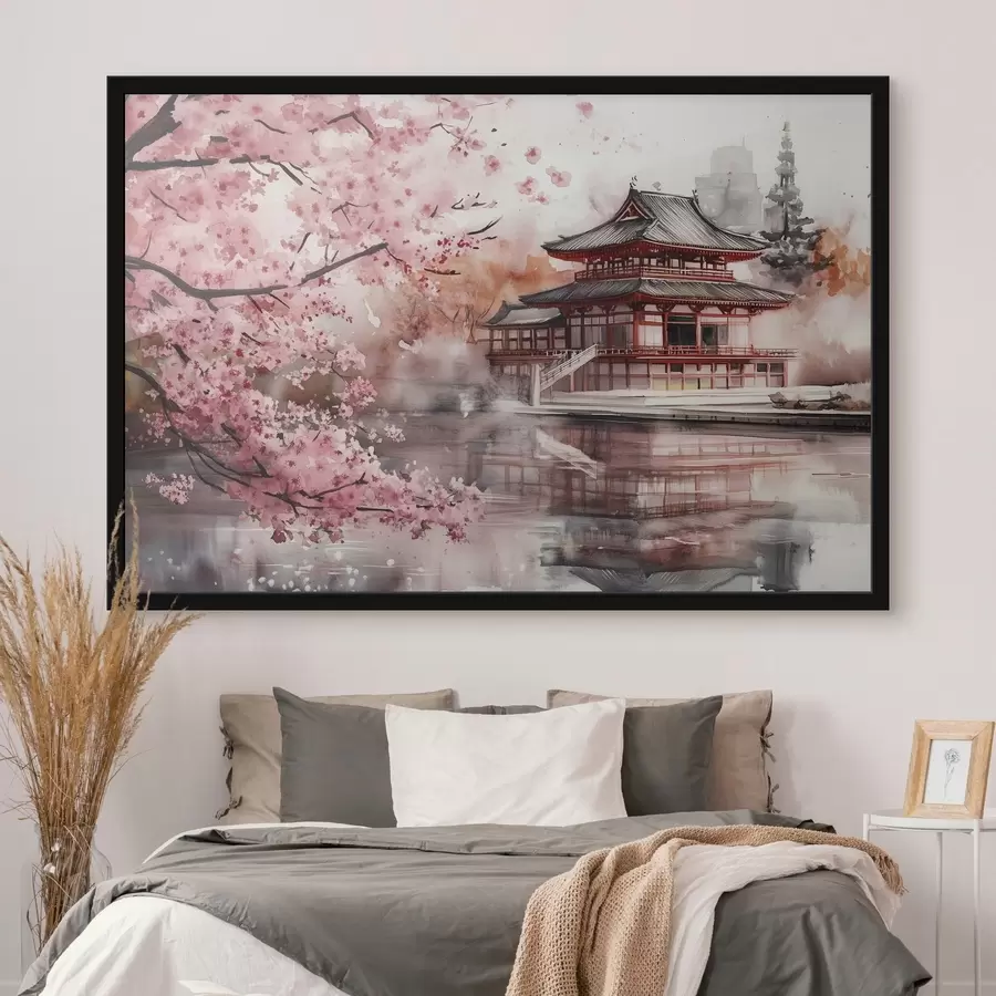 murales de pared Hermoso paisaje japonés con cerezo en flor y casa en el lago f44310