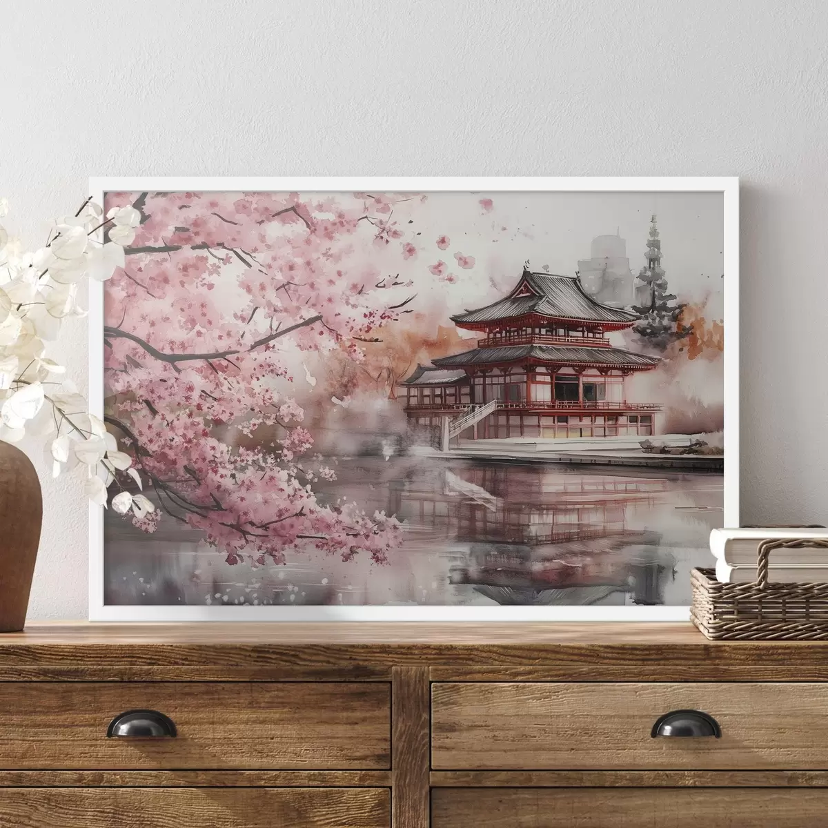Poster Hermoso paisaje japonés con cerezo en flor y casa en el lago f44310