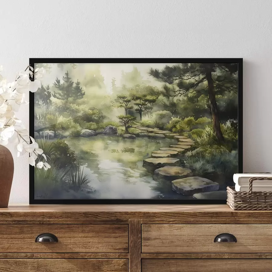murales de pared Bosque oriental con rocas, estanque y pinos, vegetación, estilo acuarela f44311