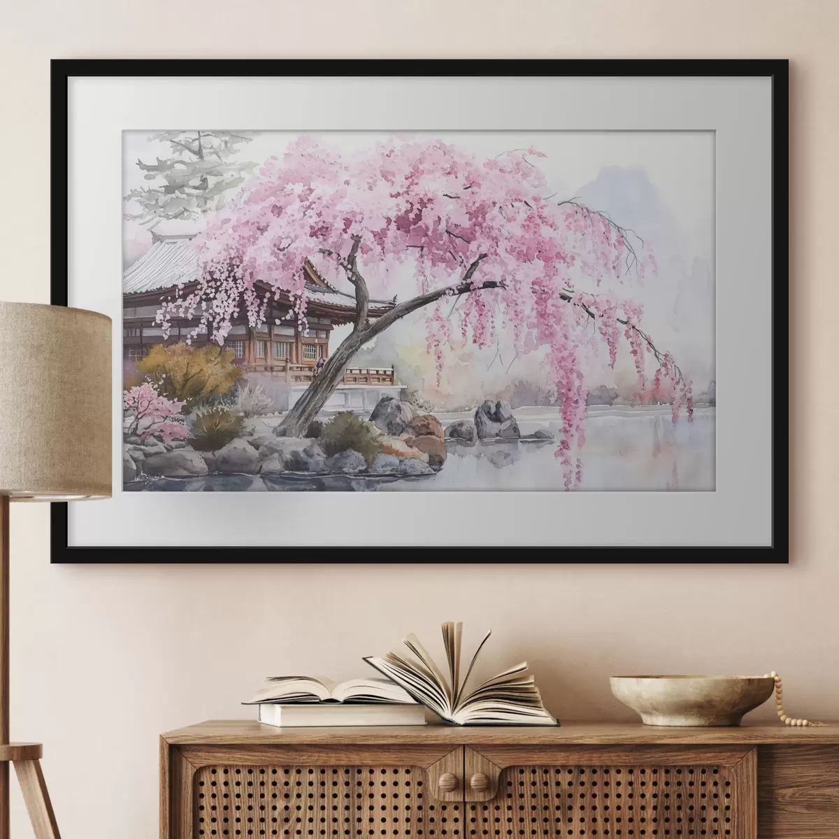 Poster Cerezo rosa cerca de casa en el lago, Japón, estilo oriental, acuarela f44312