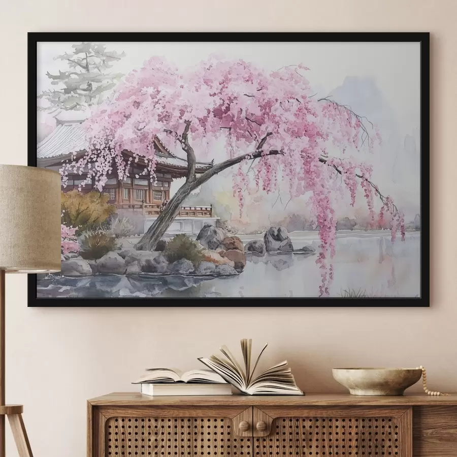 murales de pared Cerezo rosa cerca de casa en el lago, Japón, estilo oriental, acuarela f44312