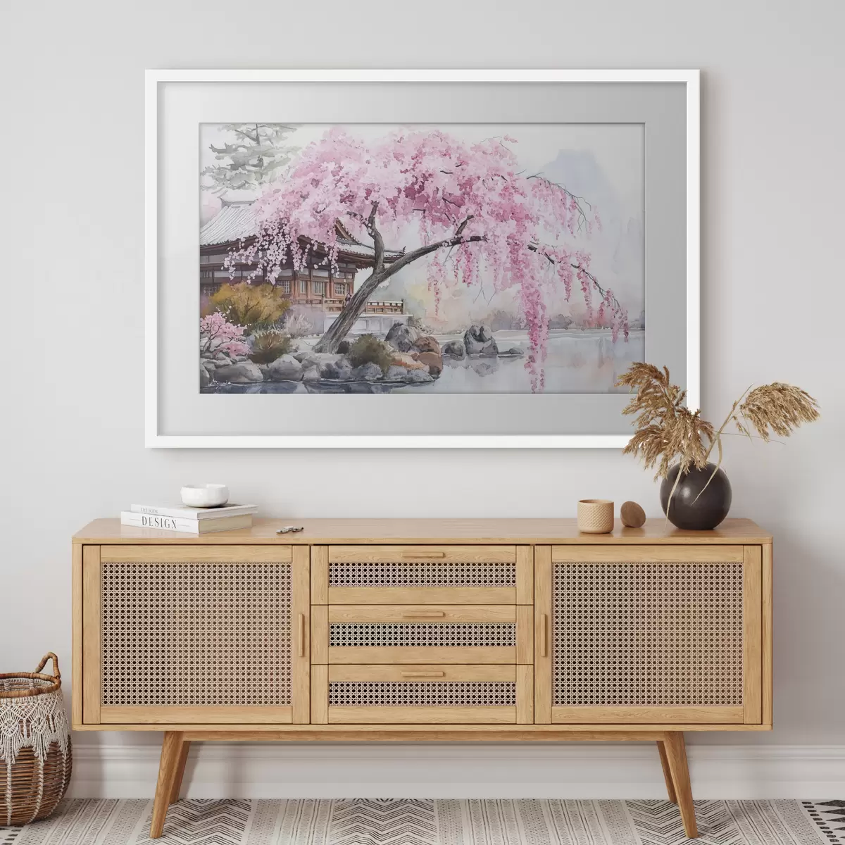 Poster Cerezo rosa cerca de casa en el lago, Japón, estilo oriental, acuarela f44312