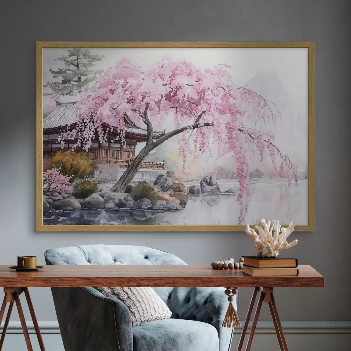 Poster Cerezo rosa cerca de casa en el lago, Japón, estilo oriental, acuarela f44312