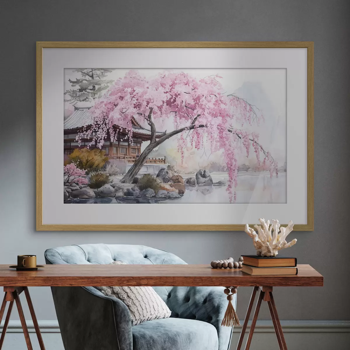 Poster Cerezo rosa cerca de casa en el lago, Japón, estilo oriental, acuarela f44312
