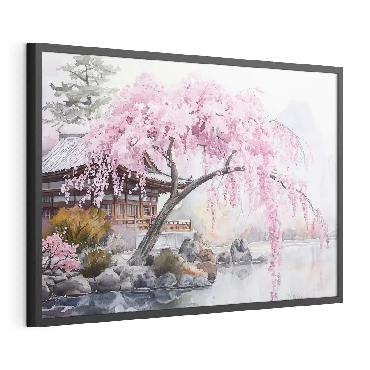 Poster Cerezo rosa cerca de casa en el lago, Japón, estilo oriental, acuarela f44312