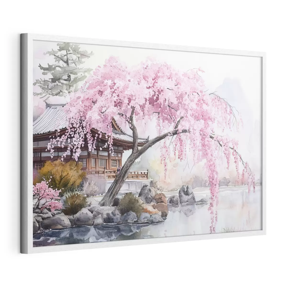 Poster Cerezo rosa cerca de casa en el lago, Japón, estilo oriental, acuarela f44312