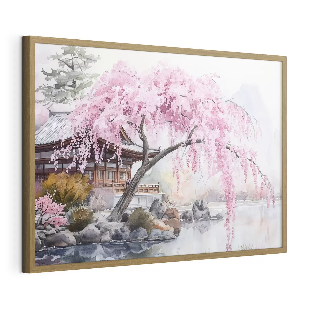 Poster Cerezo rosa cerca de casa en el lago, Japón, estilo oriental, acuarela f44312
