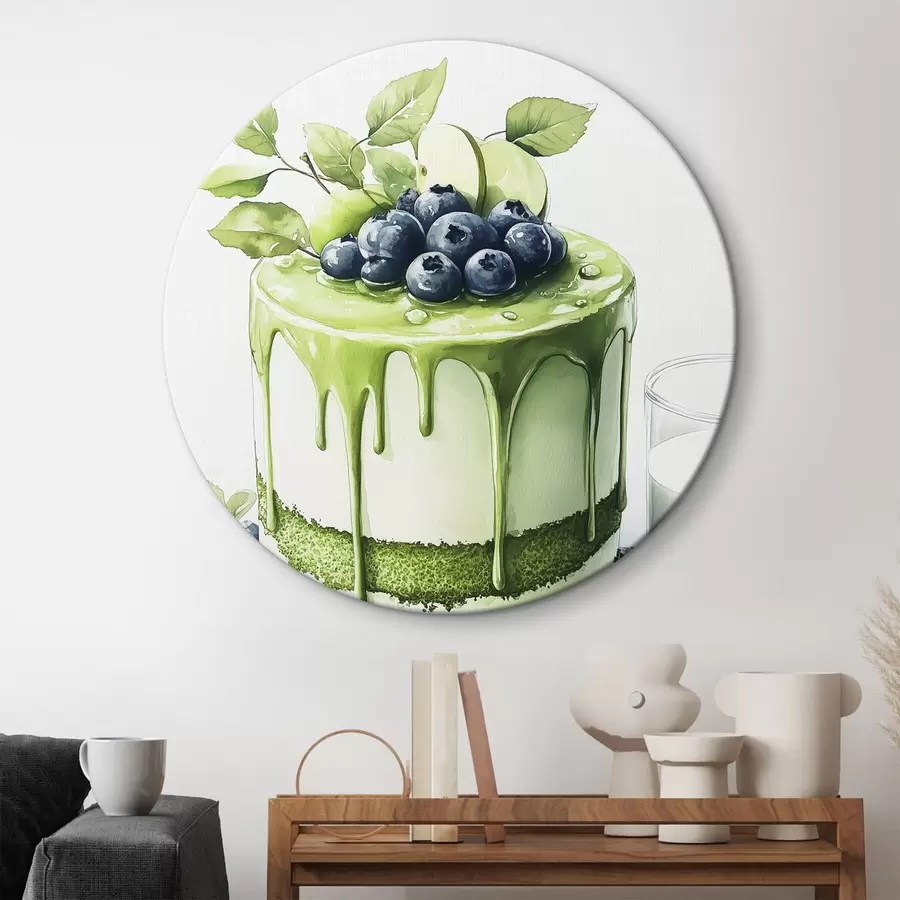 murales de pared Tarta de matcha con arándanos y manzanas, estilo acuarela r44304
