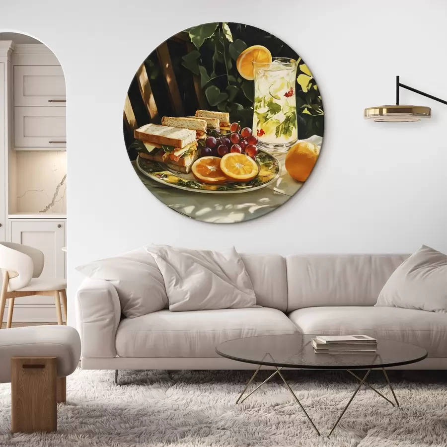 murales de pared Estético picnic en el jardín de verano, bocadillos, naranjas, limonada r44306