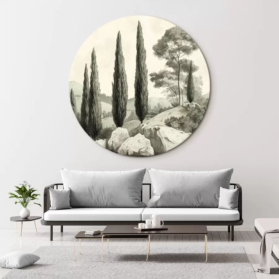 murales de pared Paisajes de la Toscana, colores pastel, cipreses, rocas, estilo rústico r44307