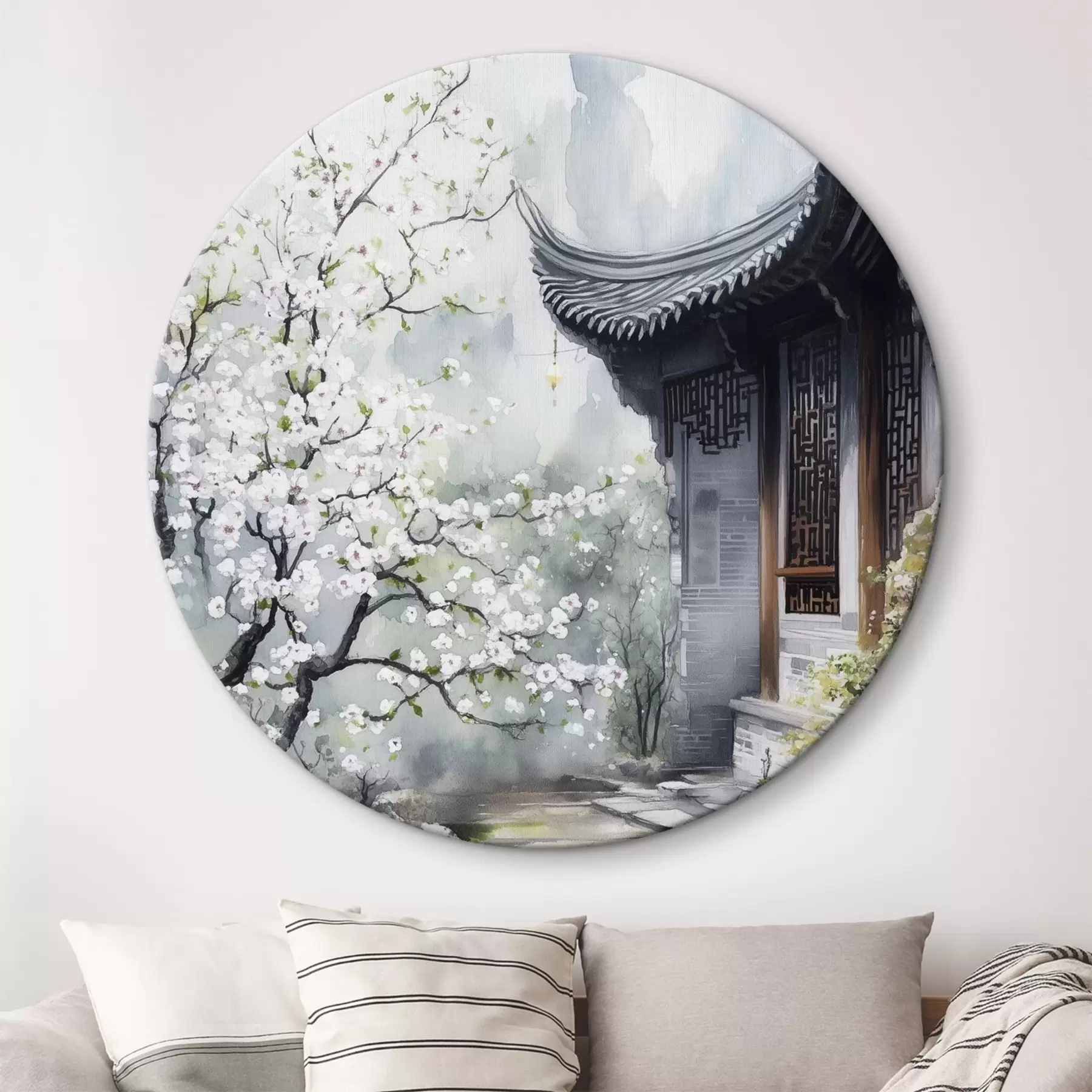 murales de pared Jardín japonés con cerezo y casa, estilo oriental, acuarela r44309