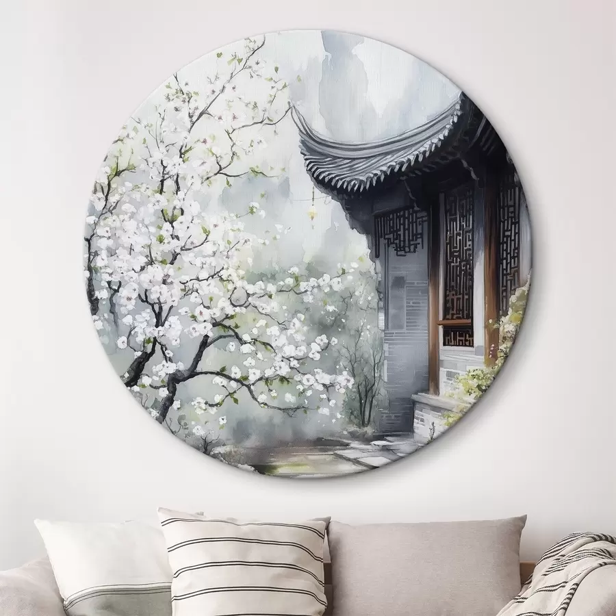 murales de pared Jardín japonés con cerezo y casa, estilo oriental, acuarela r44309