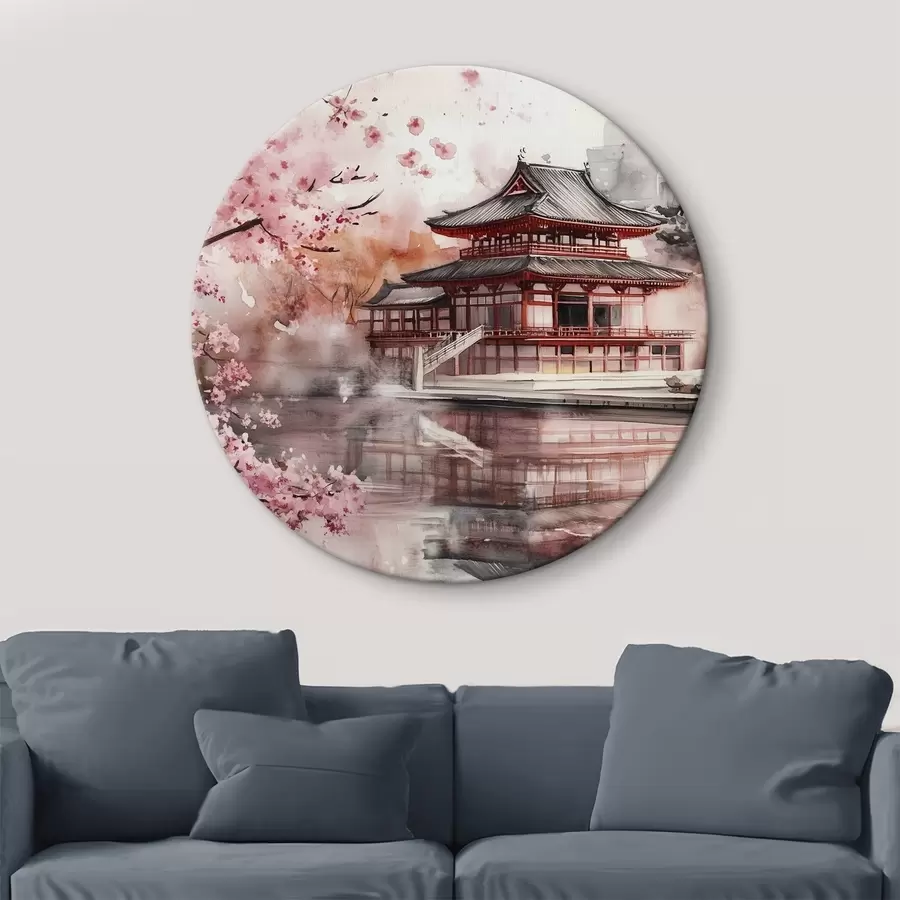 murales de pared Hermoso paisaje japonés con cerezo en flor y casa en el lago r44310
