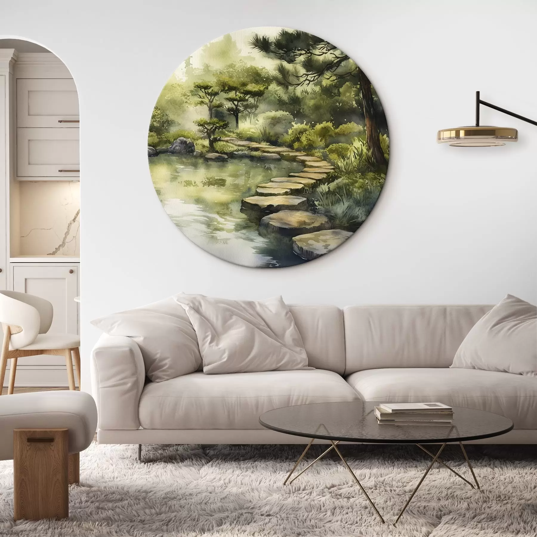 murales de pared Bosque oriental con rocas, estanque y pinos, vegetación, estilo acuarela r44311