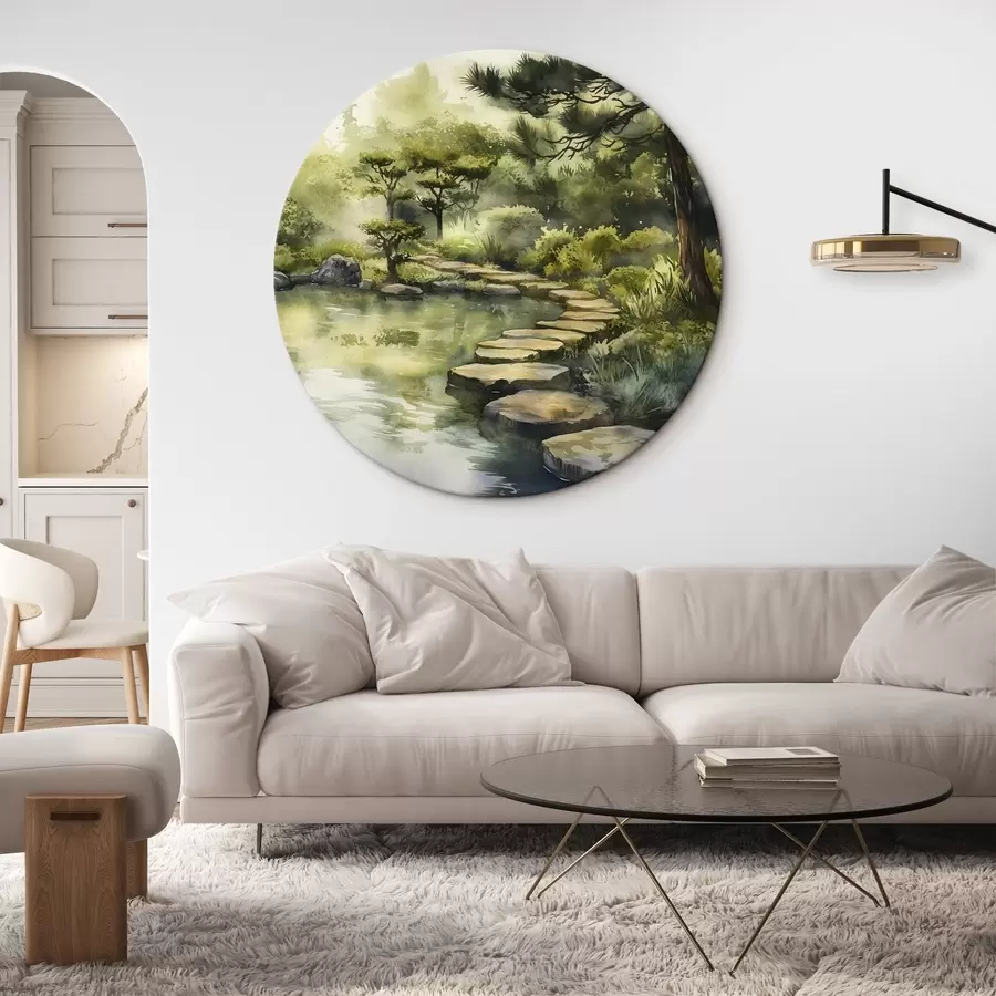 murales de pared Bosque oriental con rocas, estanque y pinos, vegetación, estilo acuarela r44311