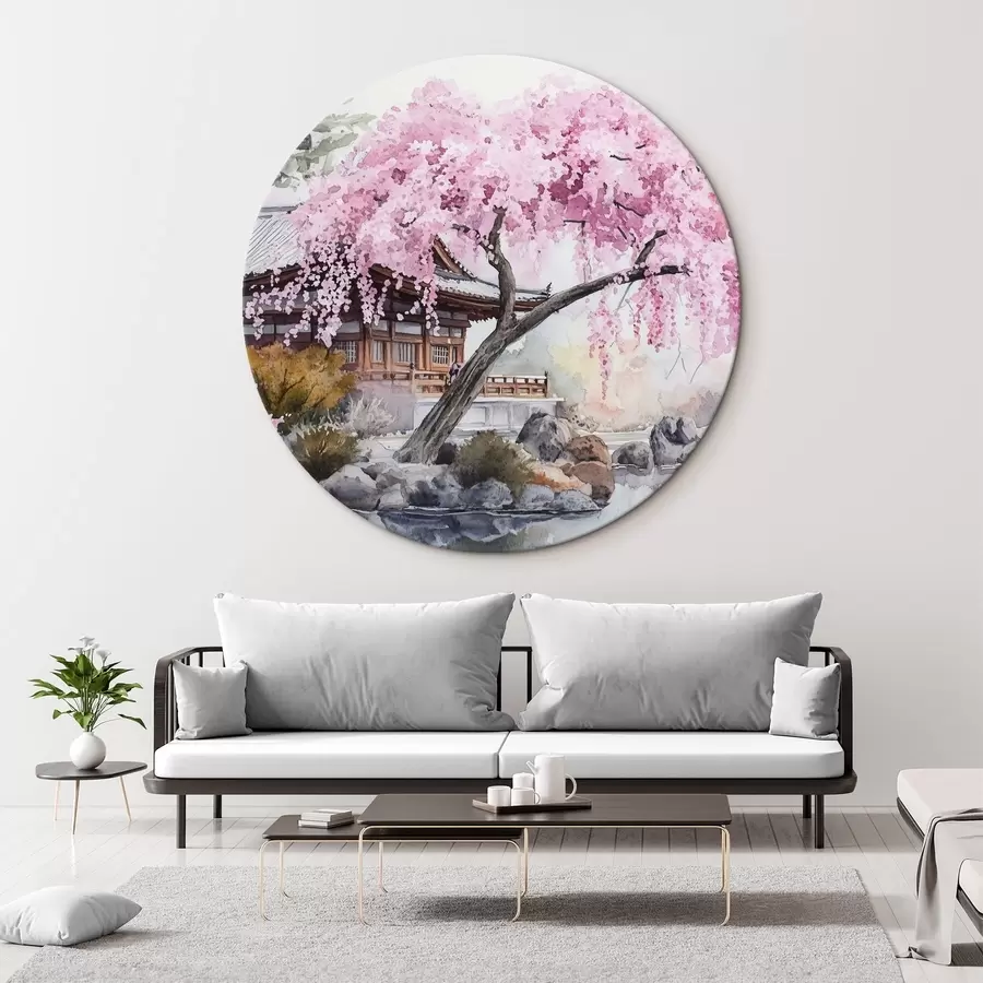 murales de pared Cerezo rosa cerca de casa en el lago, Japón, estilo oriental, acuarela r44312