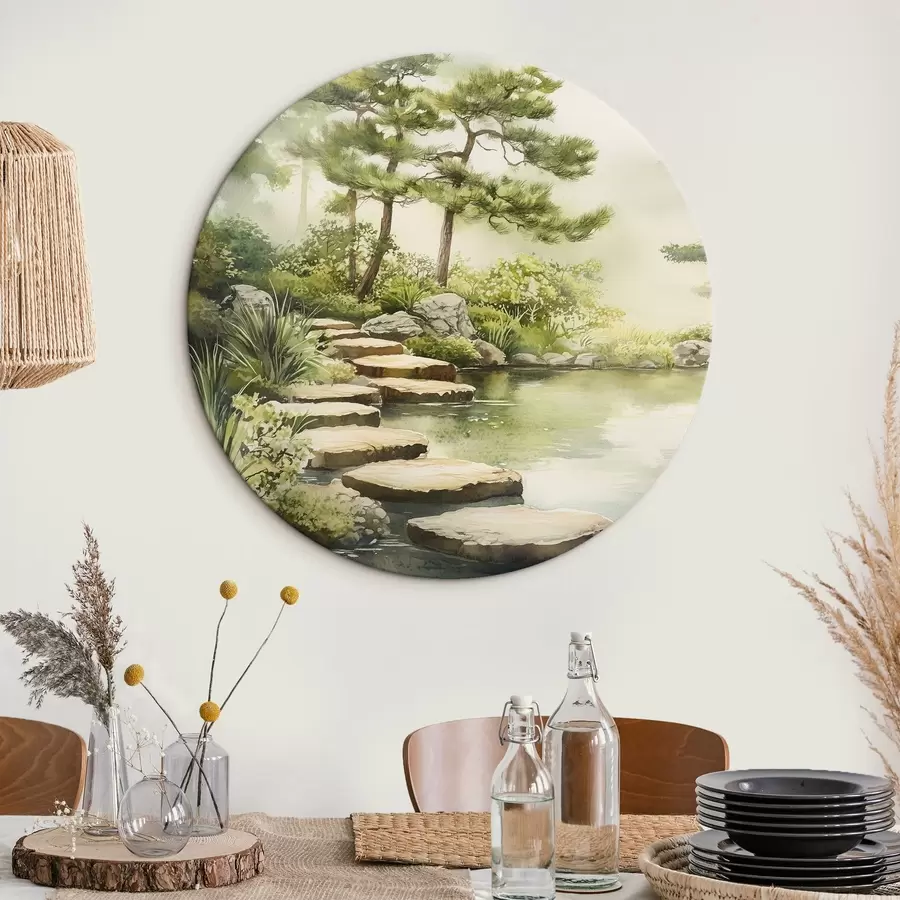 murales de pared Jardín oriental con lago y árboles, naturaleza, estilo acuarela r44313