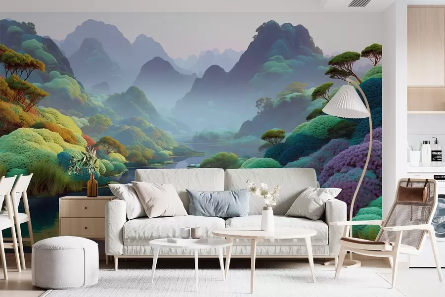 murales de pared Paisaje de montaña con un río en tonos azules con árboles y arbustos w09088