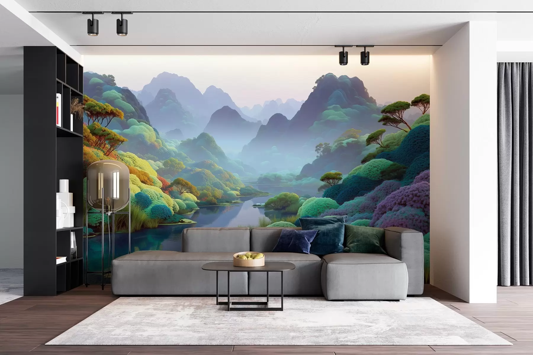 murales de pared Paisaje de montaña con un río en tonos azules con árboles y arbustos w09088