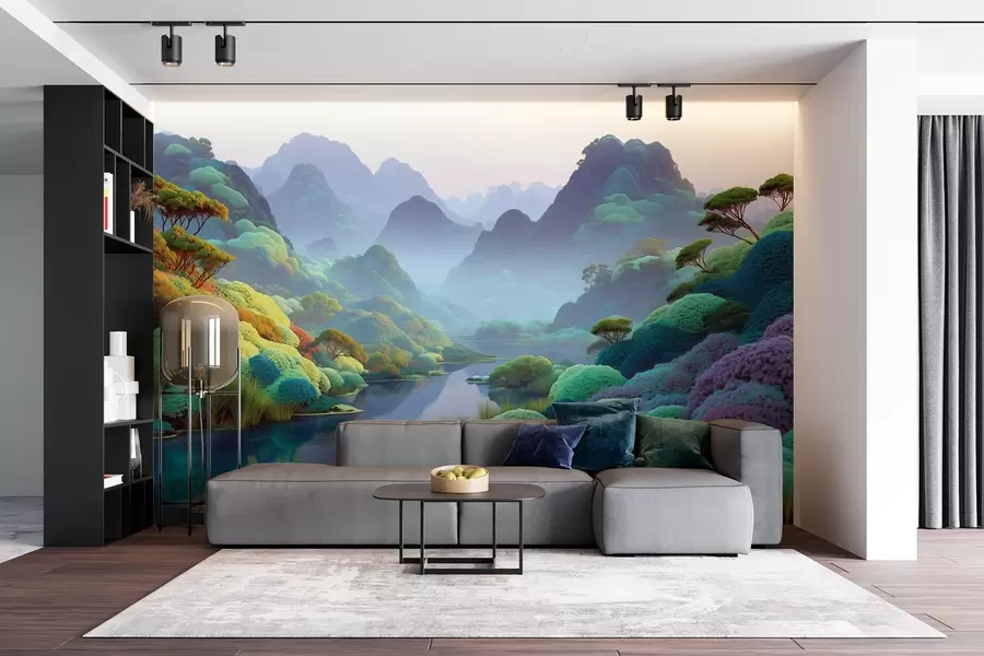 murales de pared Paisaje de montaña con un río en tonos azules con árboles y arbustos w09088