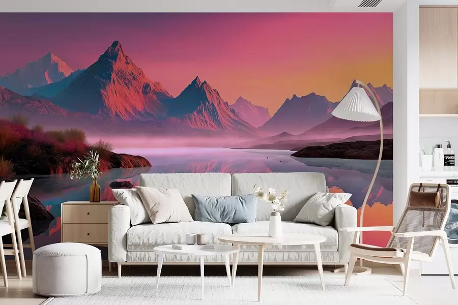murales de pared Romántico paisaje al atardecer con un río y montañas en tonos rosados w09093