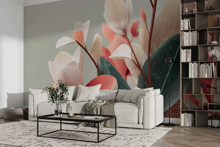 murales de pared Flores y hojas texturizadas en tonos pastel y verdes w09094