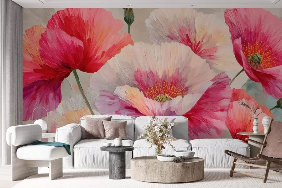 murales de pared Amapolas blancas y rojas al óleo con pinceladas atrevidas w09097