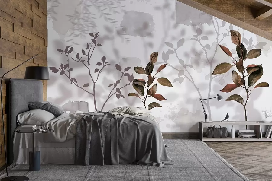 murales de pared Hojas de limonero, ramas de arbol sombras, naturaleza, acuarela w03910