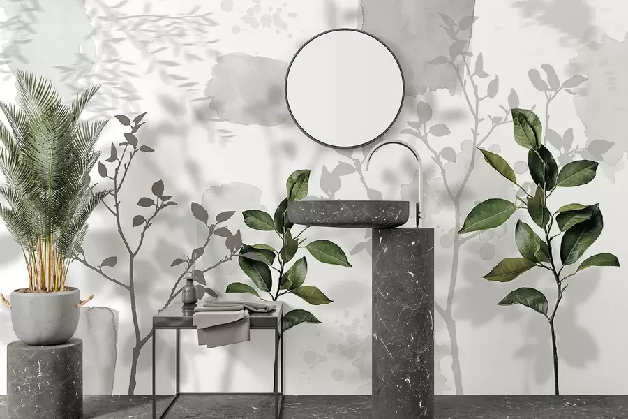 murales de pared Hojas de limonero, ramas de arbol sombras, naturaleza, acuarela, verde w03910v1