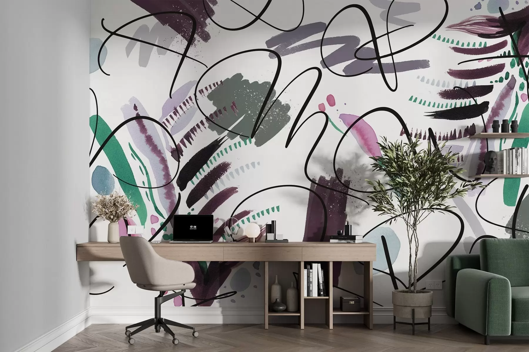 murales de pared Letras de tinta, caligrafía, pinceladas, colores pastel, abstracción w03912v1