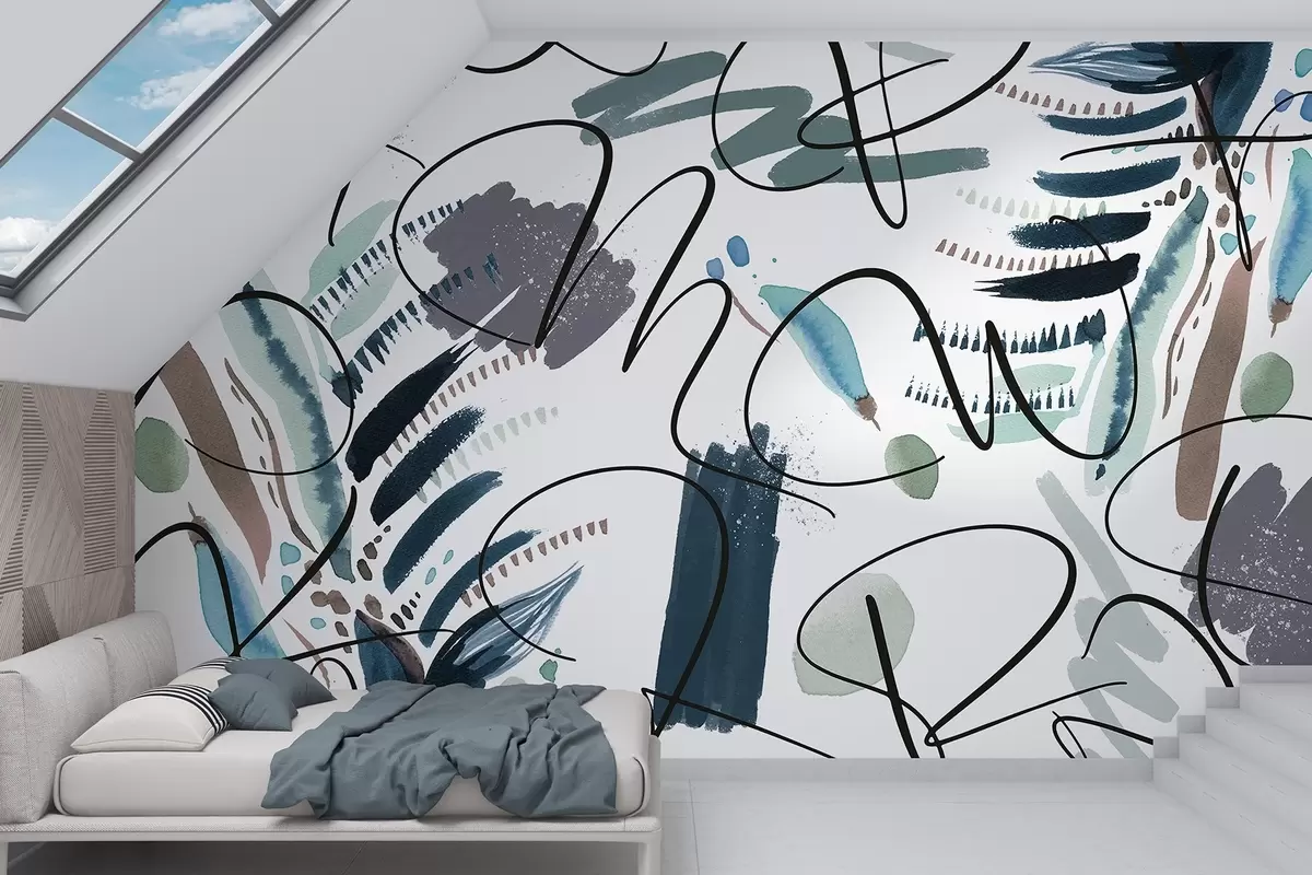 murales de pared Letras de tinta, caligrafía, pinceladas, colores azules, abstracción w03912v2