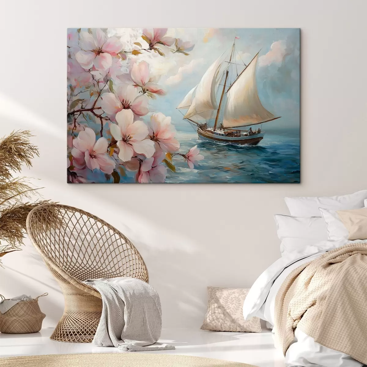 murales de pared Barco en el mar y grandes flores s44330