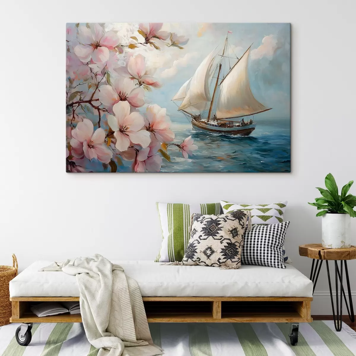 murales de pared Barco en el mar y grandes flores s44330