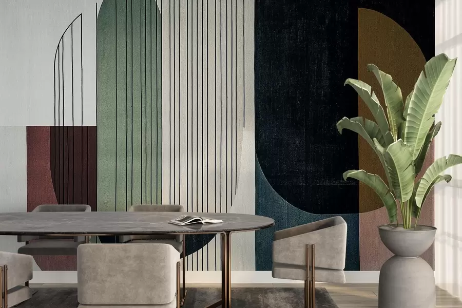 murales de pared moderna composición geométrica abstracta con formas superpuestas y patrones de líneas verticales, finas líneas que rellenan trapecios y óvalos, suave textura textil superpuesta, tonos cálidos apagados como verde oliva, topo, beige y carbón, sutiles efectos de transparencia entre las formas w03937