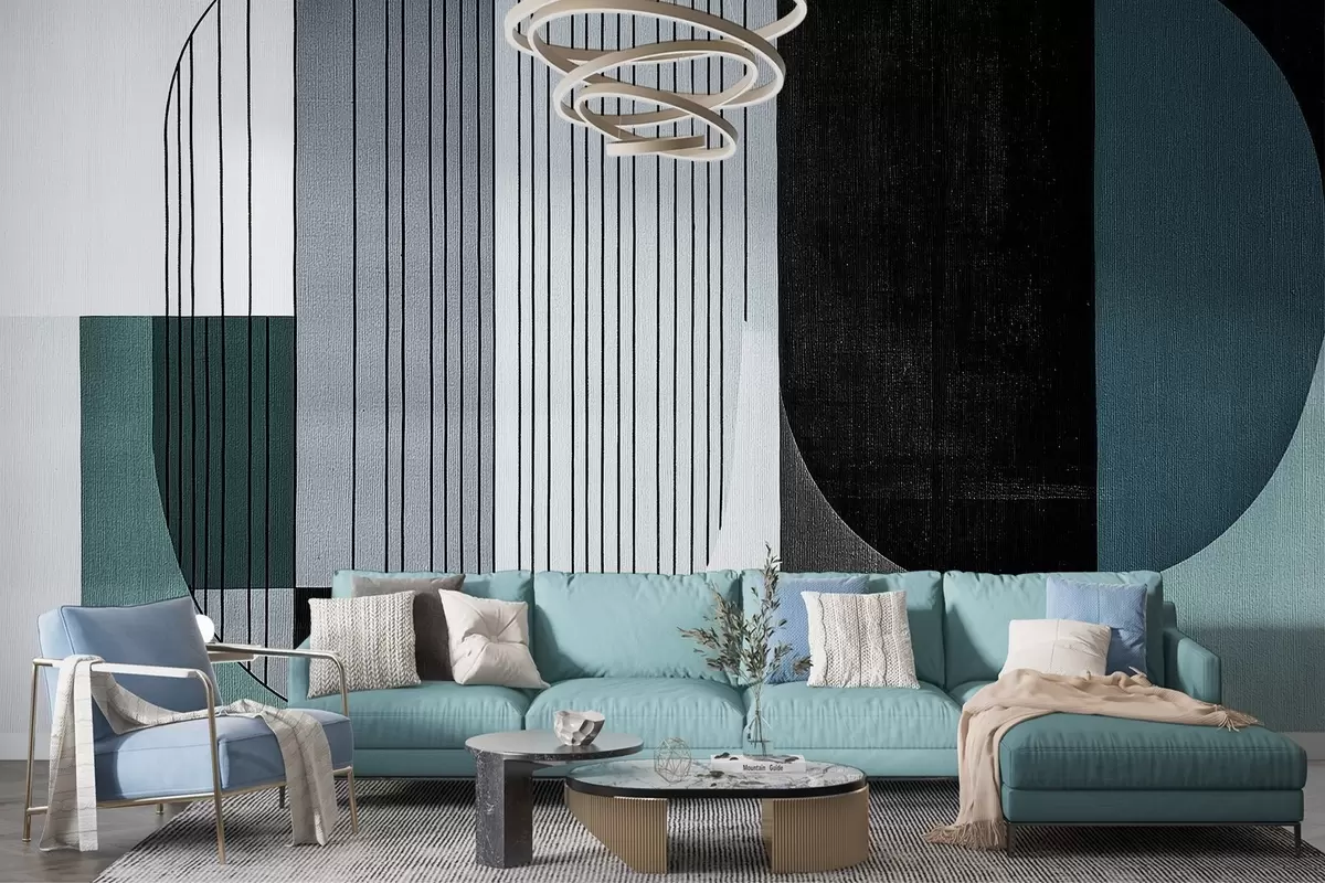 murales de pared moderna composición geométrica abstracta con formas superpuestas y patrones de líneas verticales, finas líneas que rellenan trapecios y óvalos, suave textura textil superpuesta, tonos cálidos apagados como verde oliva, topo, beige y carbón, sutiles efectos de transparencia entre las formas w03937v2