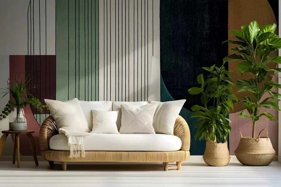 murales de pared moderna composición geométrica abstracta con formas superpuestas y patrones de líneas verticales, finas líneas que rellenan trapecios y óvalos, suave textura textil superpuesta, tonos cálidos apagados como verde oliva, topo, beige y carbón, sutiles efectos de transparencia entre las formas w03937v3