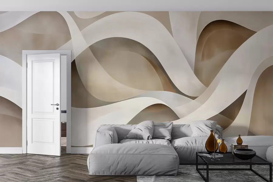 murales de pared composición minimalista abstracta de formas orgánicas en capas, cada una perfilada con un suave borde blanco, rellena de densos trazos lineales internos, como textura de tela o papel, curvas fluidas en tonos neutros beige, arena, piedra y marfil, aspecto gofrado w03940