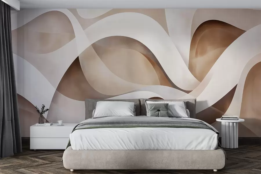 murales de pared composición minimalista abstracta de formas orgánicas en capas, cada una perfilada con un suave borde blanco, rellena de densos trazos lineales internos, como textura de tela o papel, curvas fluidas en tonos neutros beige, arena, piedra y marfil, aspecto gofrado w03940v1