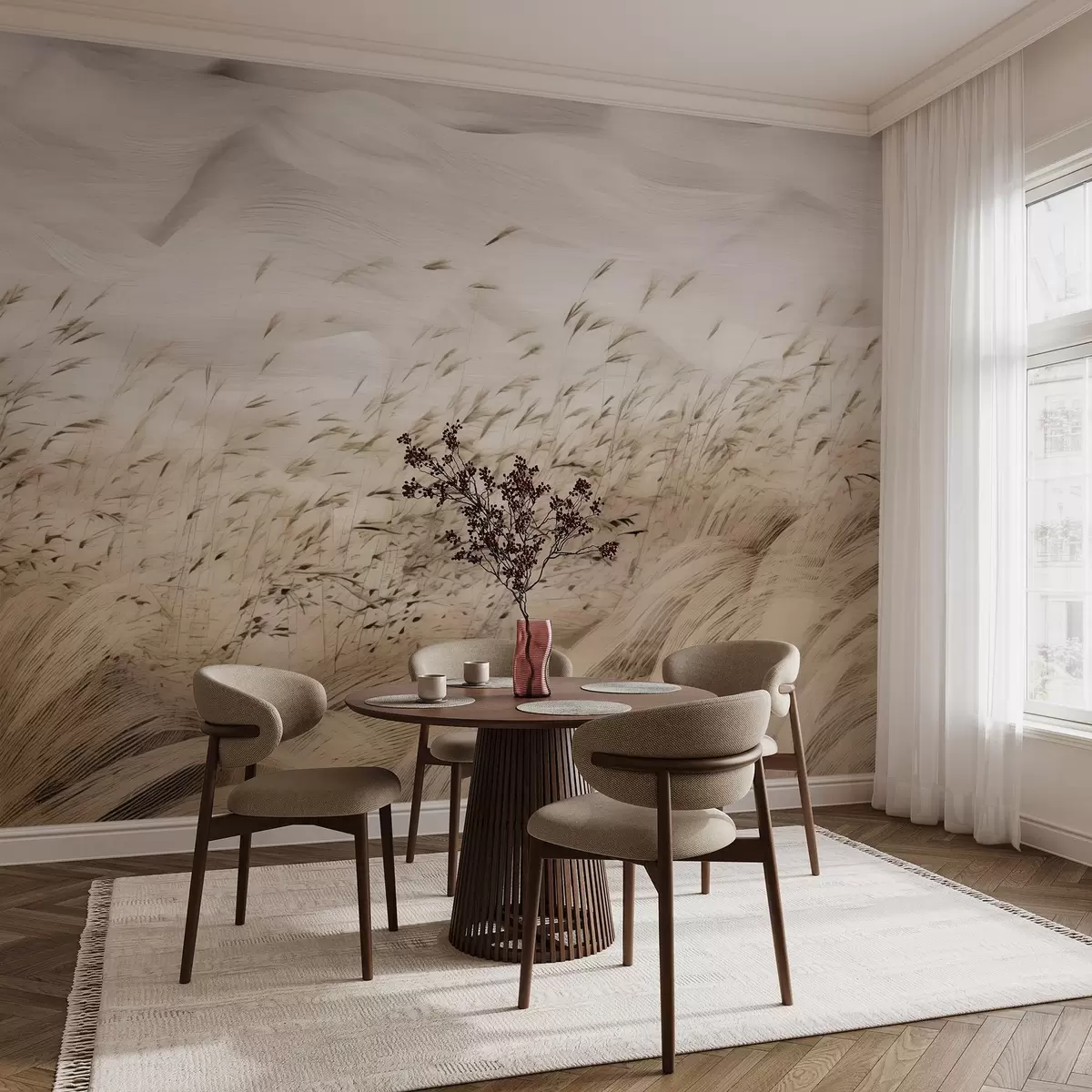 murales de pared abstracto campos de hierba soplado por el viento en tonos beige y piedra, líneas de dibujo de tinta con fondo de papel con textura, campo nórdico calma w03941