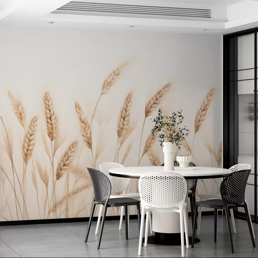 murales de pared delicada ilustración botánica de tallos de trigo, estilo dibujado a mano, líneas finas con textura de tiza pastel, suaves tonos sepia y marrón terroso, fondo blanco, composición simétrica elegante, estética de boceto natural w03943