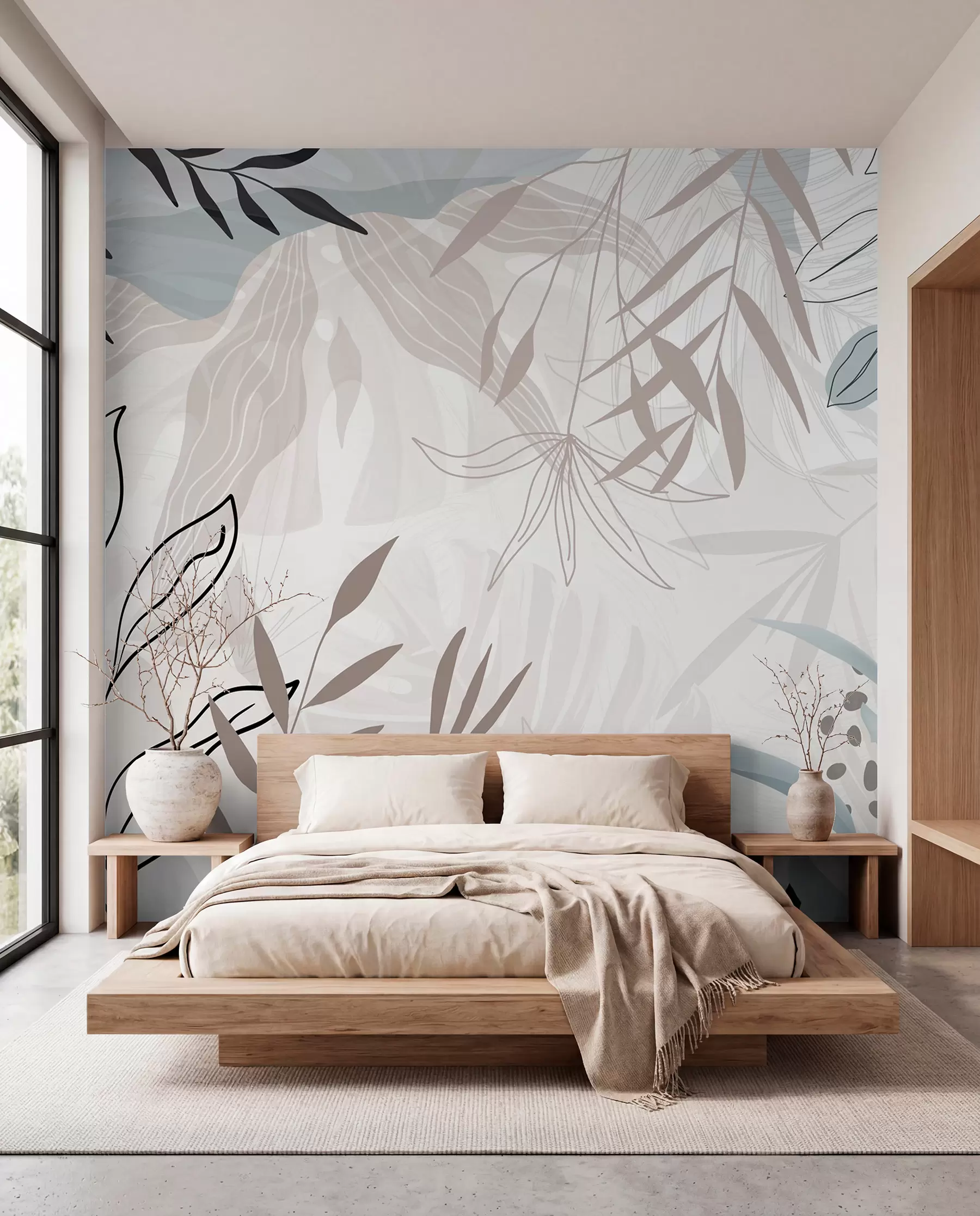 murales de pared Diseño floral abstracto moderno con hojas de color beige pastel, gris, azul y negro, delicado arte lineal y fondo suave  w09105